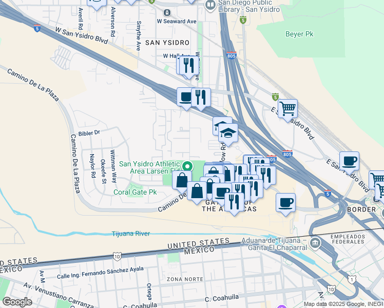 map of restaurants, bars, coffee shops, grocery stores, and more near 412 Sycamore Road in San Diego