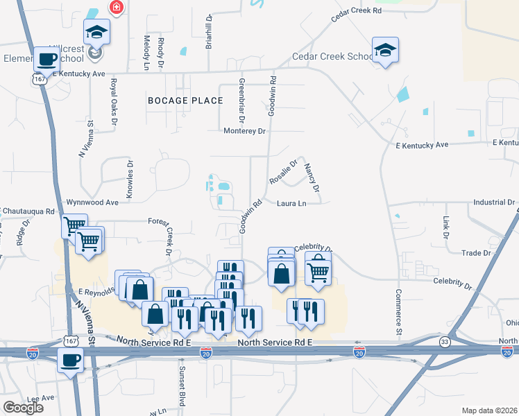 map of restaurants, bars, coffee shops, grocery stores, and more near 1800 Goodwin Road in Ruston