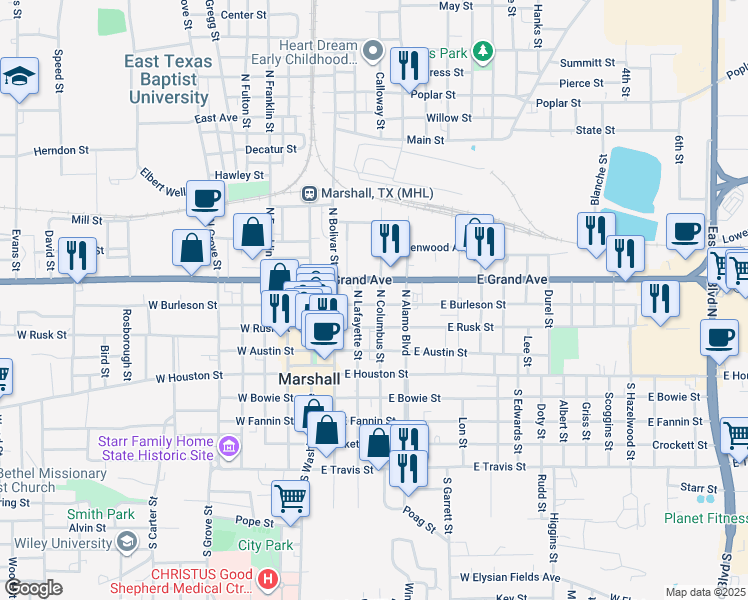 map of restaurants, bars, coffee shops, grocery stores, and more near 300-398 N Lafayette St in Marshall