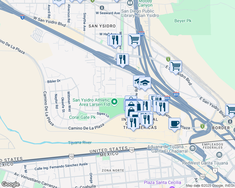 map of restaurants, bars, coffee shops, grocery stores, and more near 392 Sycamore Road in San Diego