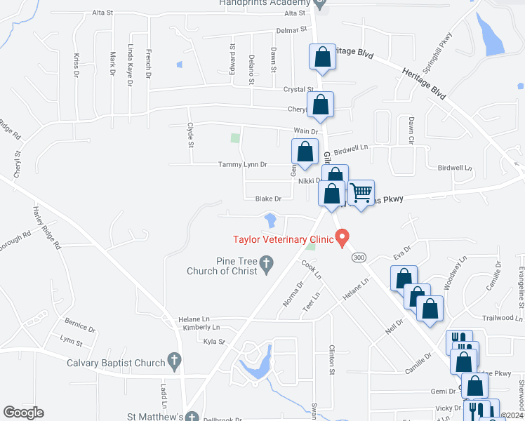 map of restaurants, bars, coffee shops, grocery stores, and more near 3607 Longmorn Lane in Longview