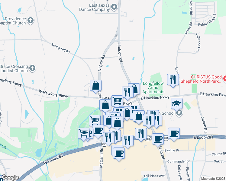map of restaurants, bars, coffee shops, grocery stores, and more near 301 West Hawkins Parkway in Longview