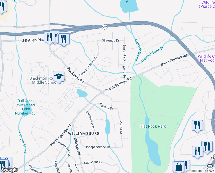 map of restaurants, bars, coffee shops, grocery stores, and more near 5990 Warm Springs Road in Columbus