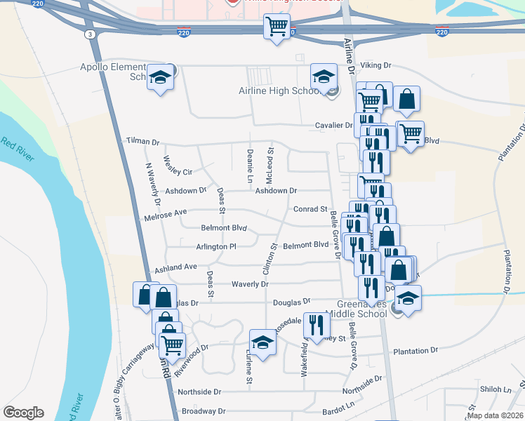 map of restaurants, bars, coffee shops, grocery stores, and more near 2422 Melrose Avenue in Bossier City