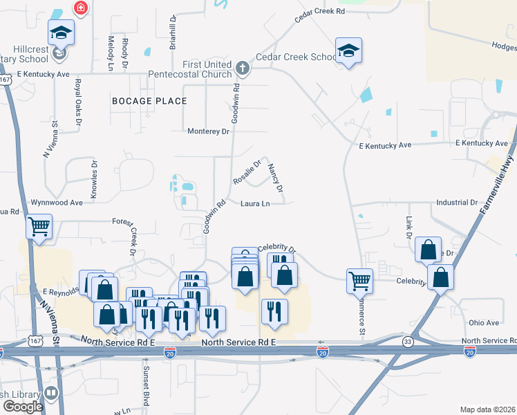 map of restaurants, bars, coffee shops, grocery stores, and more near 900 Laura Lane in Ruston