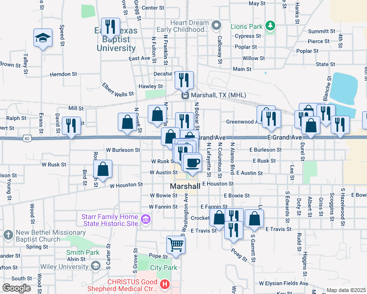 map of restaurants, bars, coffee shops, grocery stores, and more near 405 North Washington Avenue in Marshall