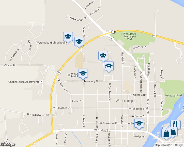 map of restaurants, bars, coffee shops, grocery stores, and more near 1399 Micanopy Street in Wetumpka