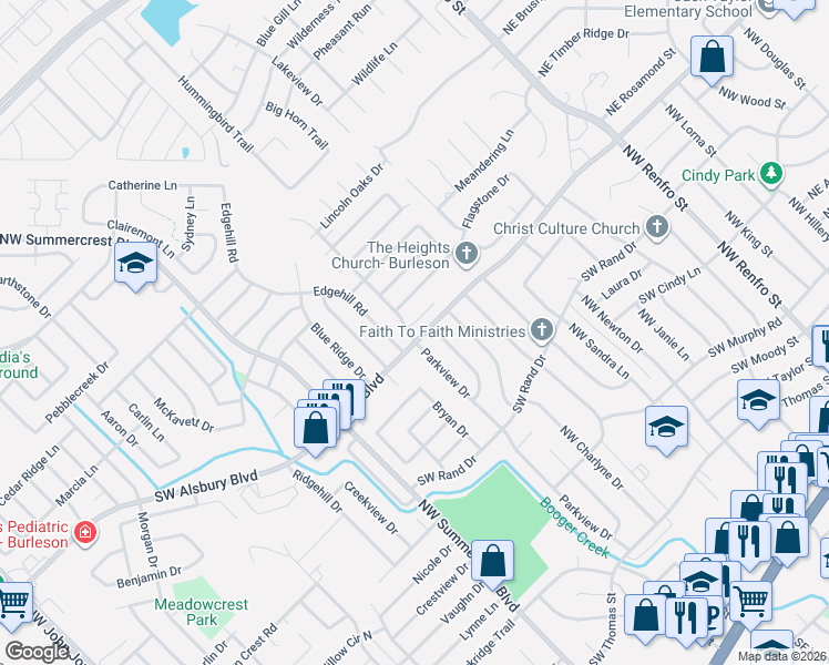 map of restaurants, bars, coffee shops, grocery stores, and more near 424 Sherwood Court in Burleson