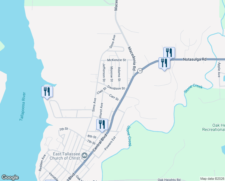 map of restaurants, bars, coffee shops, grocery stores, and more near 306 Davidson Street in Tallassee