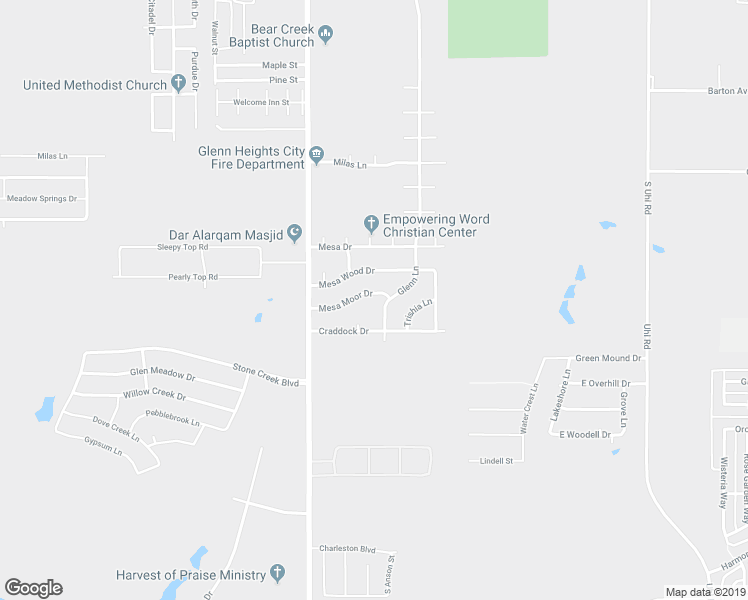 map of restaurants, bars, coffee shops, grocery stores, and more near 200 Mesa Moor Drive in Glenn Heights