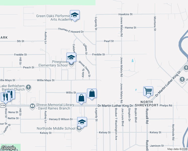 map of restaurants, bars, coffee shops, grocery stores, and more near 2247 Legardy Street in Shreveport
