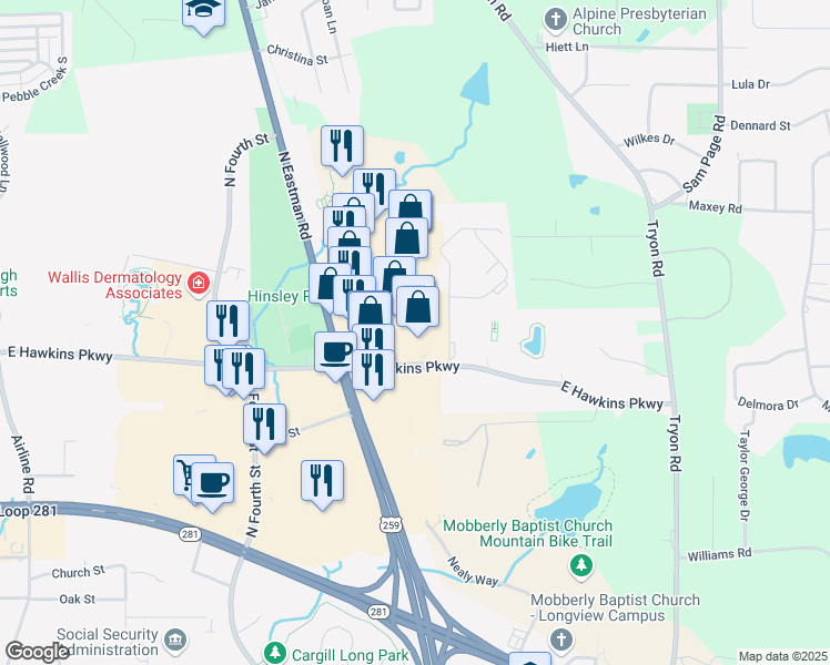 map of restaurants, bars, coffee shops, grocery stores, and more near 3092 North Eastman Road in Longview