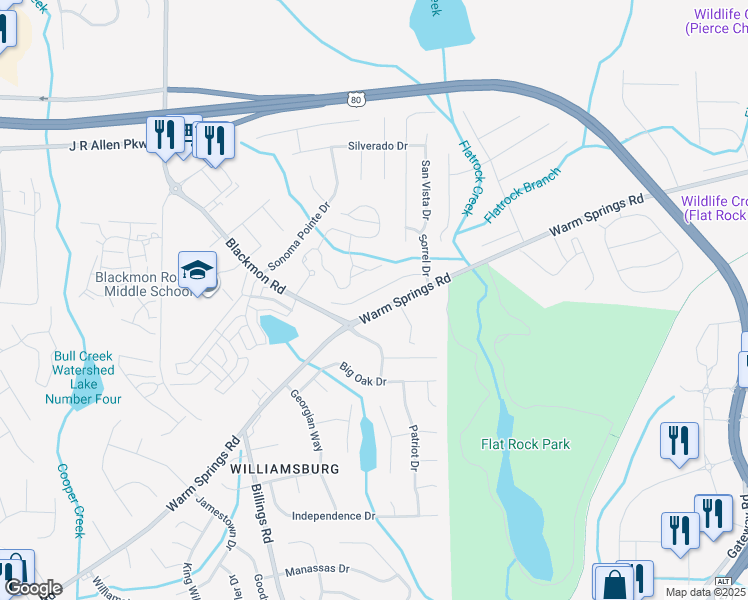 map of restaurants, bars, coffee shops, grocery stores, and more near 6077 Townes Way in Columbus
