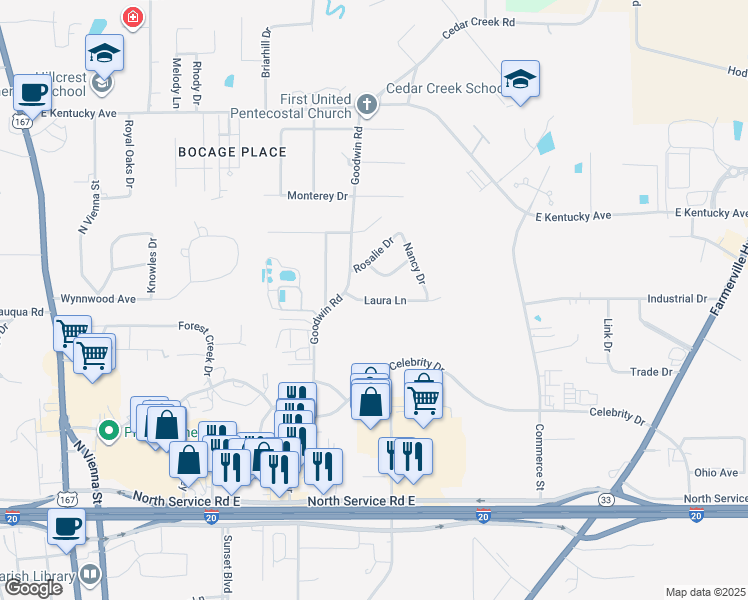 map of restaurants, bars, coffee shops, grocery stores, and more near 813 Laura Lane in Ruston