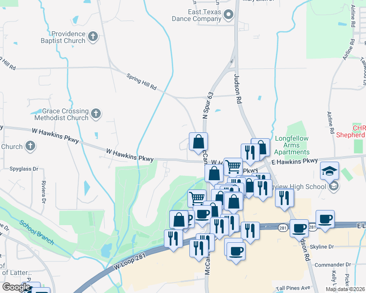 map of restaurants, bars, coffee shops, grocery stores, and more near 411 West Hawkins Parkway in Longview