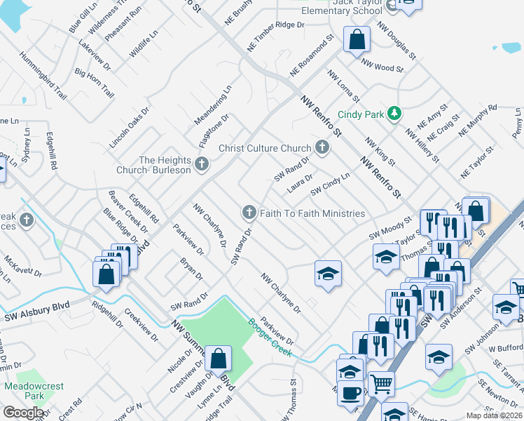 map of restaurants, bars, coffee shops, grocery stores, and more near 621 Northwest Newton Drive in Burleson
