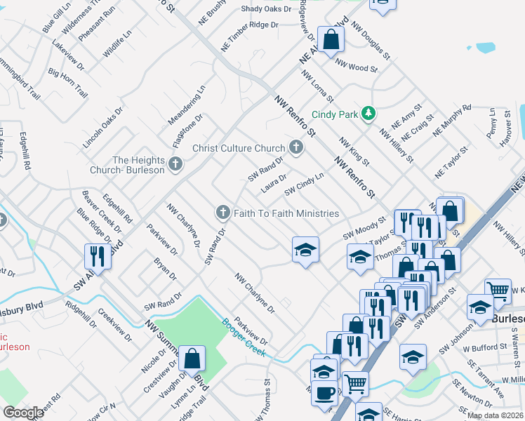 map of restaurants, bars, coffee shops, grocery stores, and more near 240 Southwest Cindy Lane in Burleson
