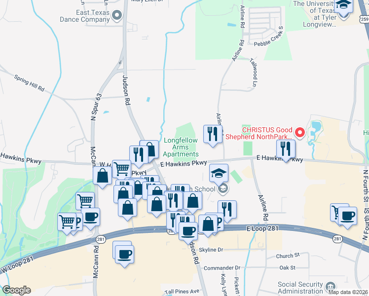 map of restaurants, bars, coffee shops, grocery stores, and more near 115 East Hawkins Parkway in Longview