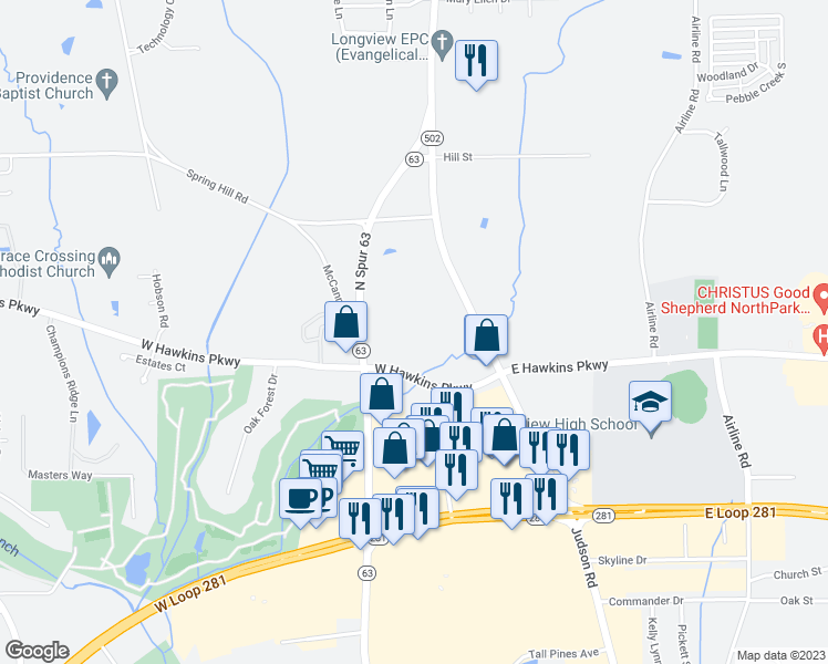 map of restaurants, bars, coffee shops, grocery stores, and more near 301 West Hawkins Parkway in Longview