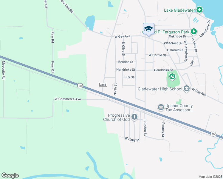 map of restaurants, bars, coffee shops, grocery stores, and more near 300 Farm to Market Road 2685 in Gladewater