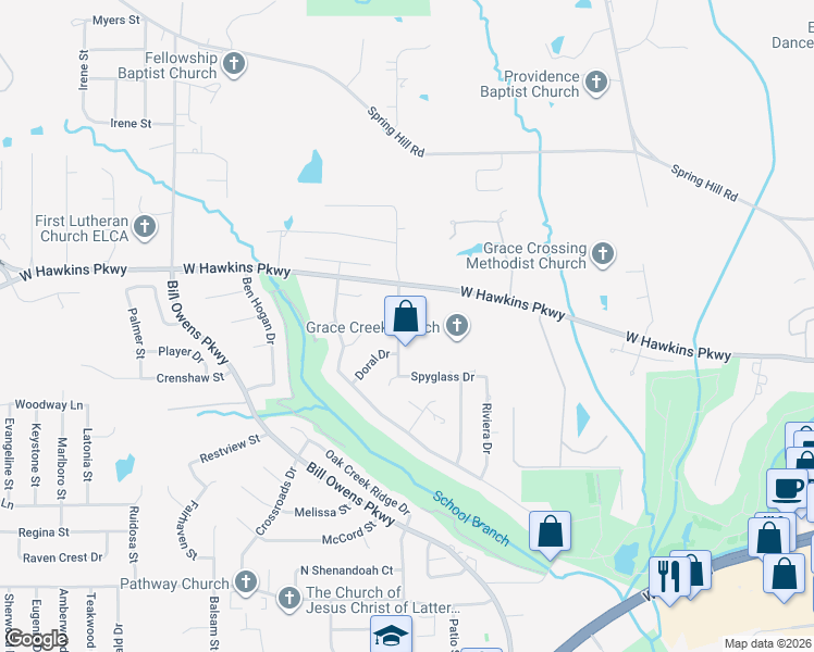map of restaurants, bars, coffee shops, grocery stores, and more near 3308 Saint Andrews Drive in Longview