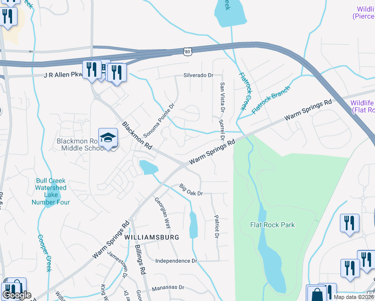 map of restaurants, bars, coffee shops, grocery stores, and more near 6077 Townes Way in Columbus