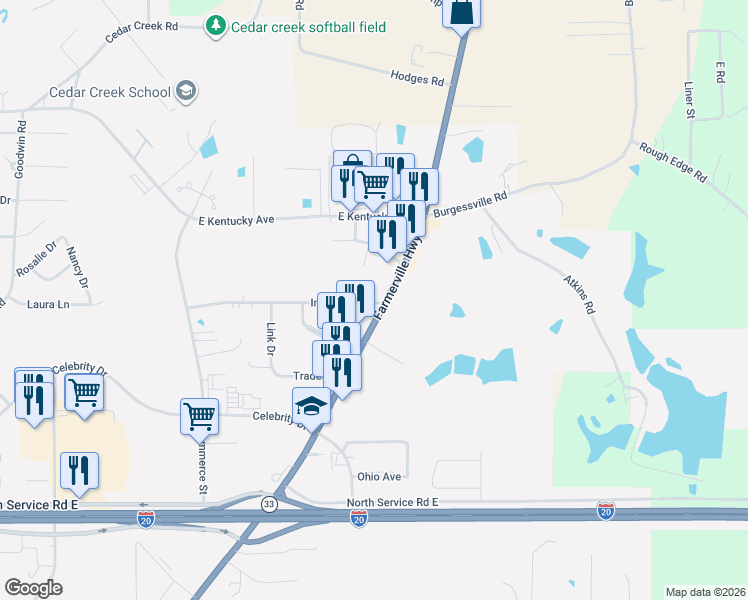 map of restaurants, bars, coffee shops, grocery stores, and more near 2105 Farmerville Hwy in Ruston