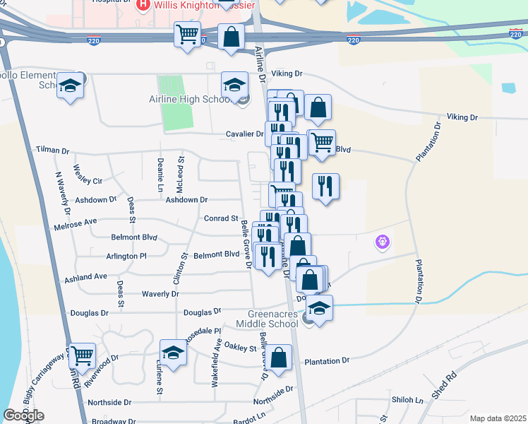 map of restaurants, bars, coffee shops, grocery stores, and more near 2536 Airline Drive in Bossier City