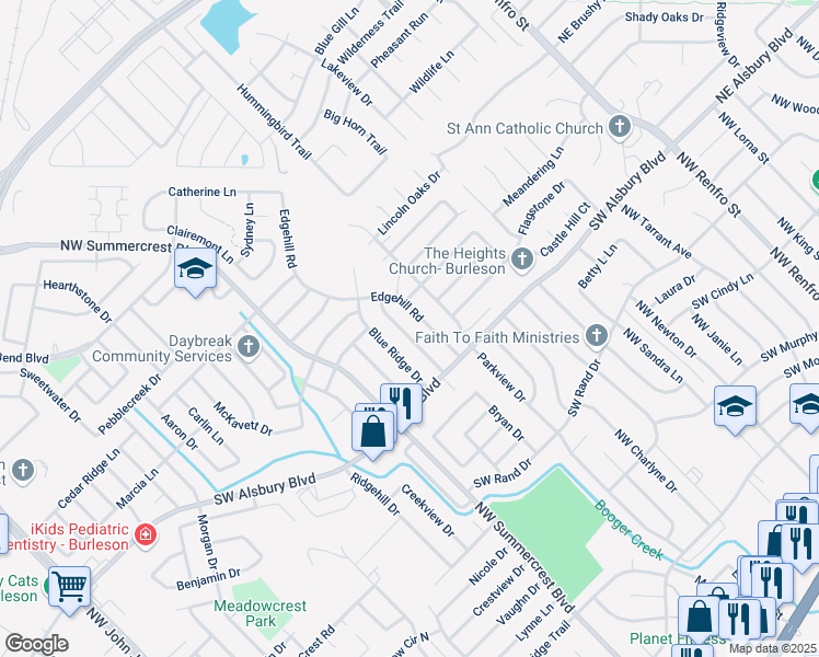 map of restaurants, bars, coffee shops, grocery stores, and more near 836 Beaver Creek Drive in Burleson