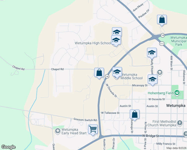 map of restaurants, bars, coffee shops, grocery stores, and more near Chapel Lakes Drive in Wetumpka