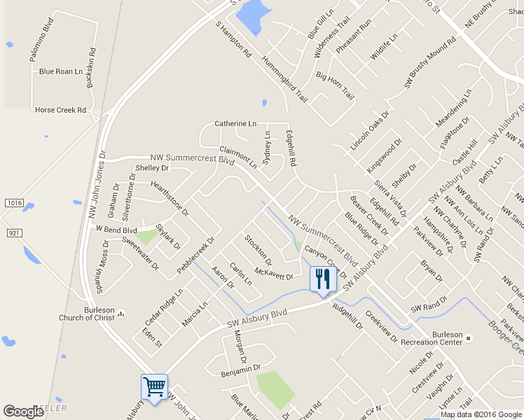 map of restaurants, bars, coffee shops, grocery stores, and more near 1307 Ridge Top Drive in Burleson