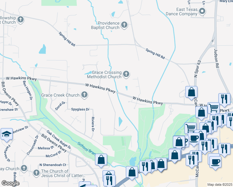 map of restaurants, bars, coffee shops, grocery stores, and more near 1154 East Hawkins Parkway in Longview