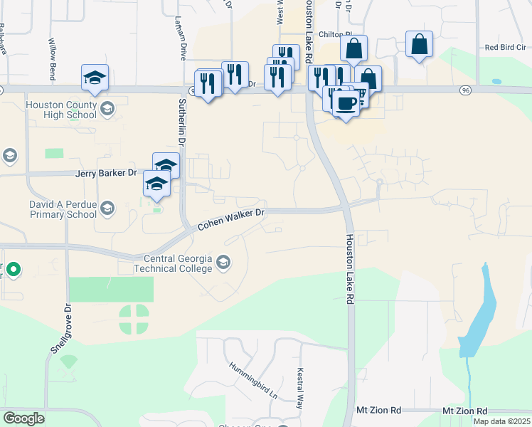 map of restaurants, bars, coffee shops, grocery stores, and more near 80 Cohen Walker Drive in Warner Robins