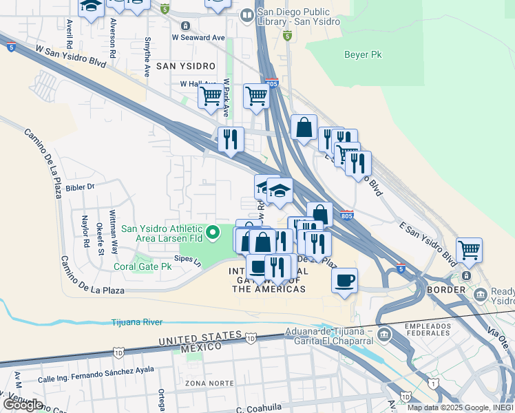 map of restaurants, bars, coffee shops, grocery stores, and more near 225 Willow Road in San Diego