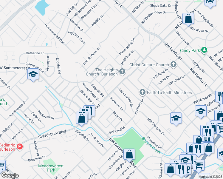 map of restaurants, bars, coffee shops, grocery stores, and more near 424 Sherwood Court in Burleson