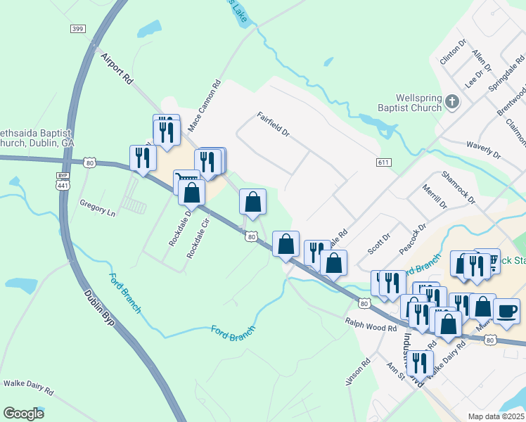 map of restaurants, bars, coffee shops, grocery stores, and more near 419 Airport Road in Dublin