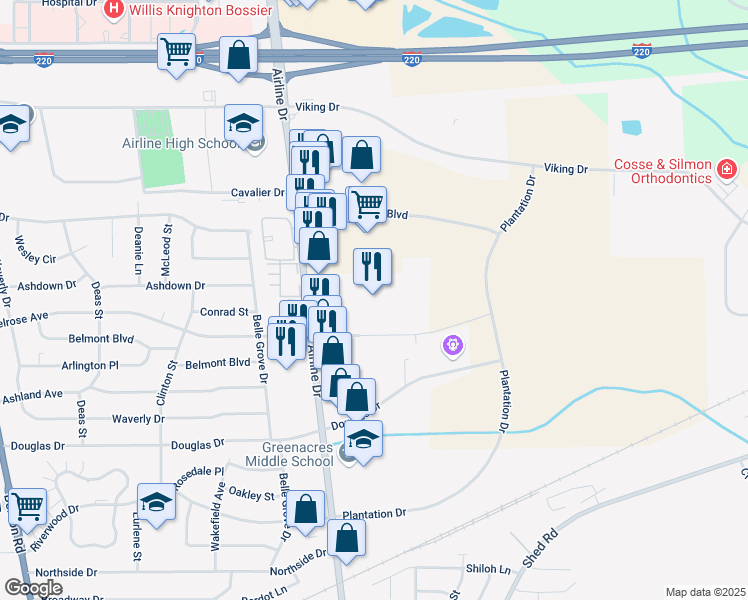 map of restaurants, bars, coffee shops, grocery stores, and more near 2536 Airline Drive in Bossier City