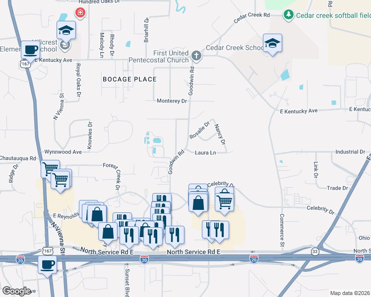 map of restaurants, bars, coffee shops, grocery stores, and more near 1806 Lexington Street in Ruston