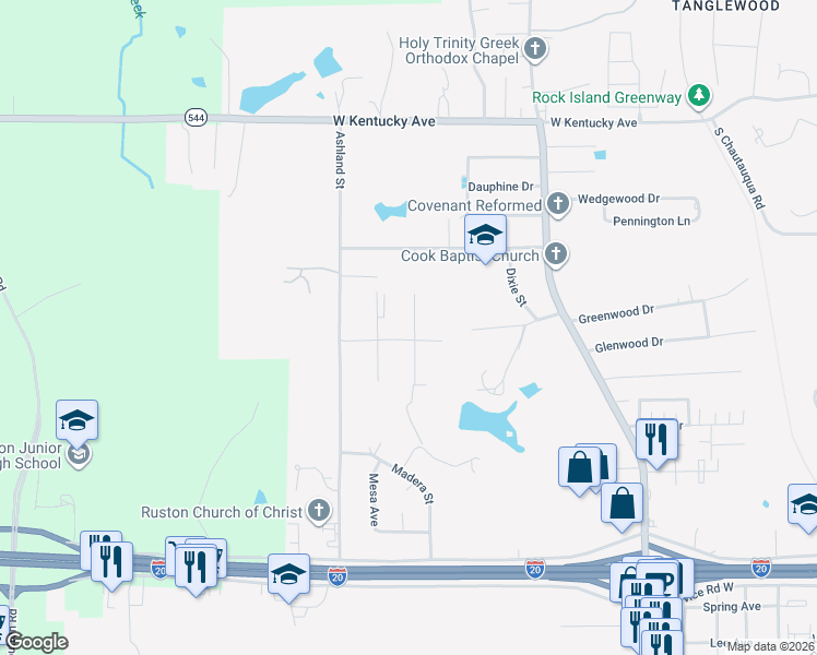 map of restaurants, bars, coffee shops, grocery stores, and more near 1803 Corley Street in Ruston