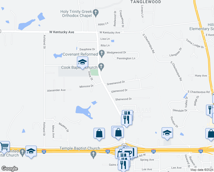 map of restaurants, bars, coffee shops, grocery stores, and more near 1704 Cooktown Road in Ruston