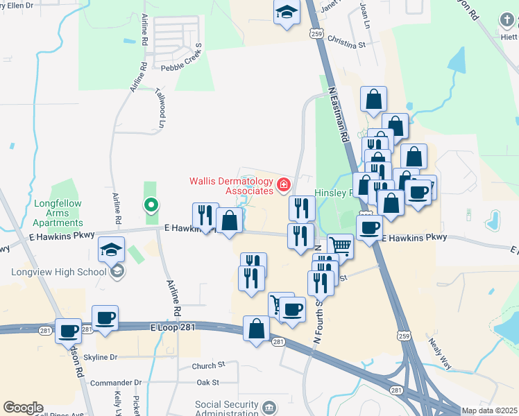 map of restaurants, bars, coffee shops, grocery stores, and more near 611 East Hawkins Parkway in Longview