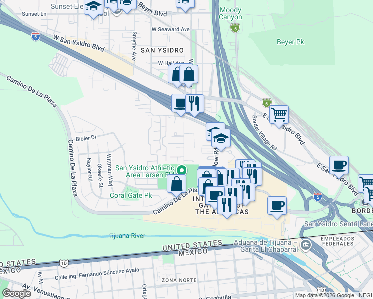 map of restaurants, bars, coffee shops, grocery stores, and more near 336 Sycamore Road in San Diego