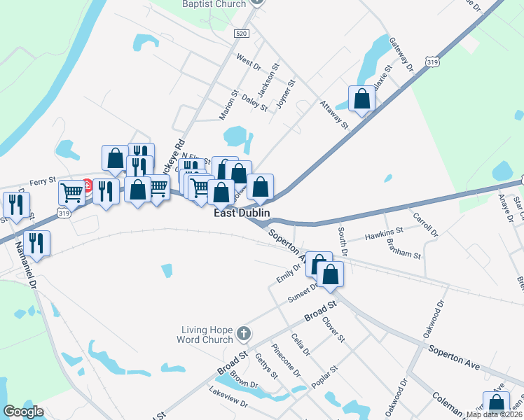 map of restaurants, bars, coffee shops, grocery stores, and more near 106 Savannah Avenue in East Dublin