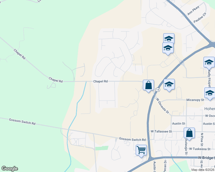 map of restaurants, bars, coffee shops, grocery stores, and more near 459 Chapel Road in Wetumpka