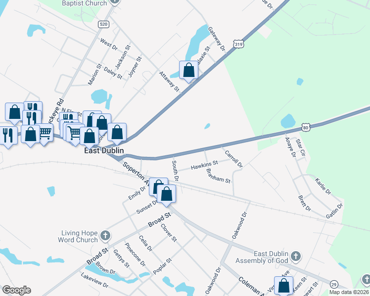 map of restaurants, bars, coffee shops, grocery stores, and more near 210 Savannah Avenue in Dublin