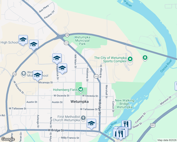 map of restaurants, bars, coffee shops, grocery stores, and more near 25 North Broad Street in Wetumpka