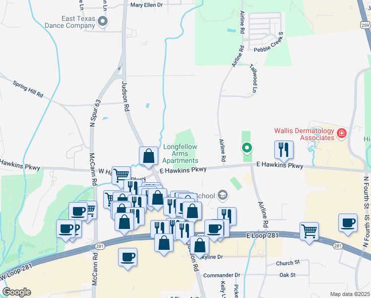 map of restaurants, bars, coffee shops, grocery stores, and more near 115 East Hawkins Parkway in Longview