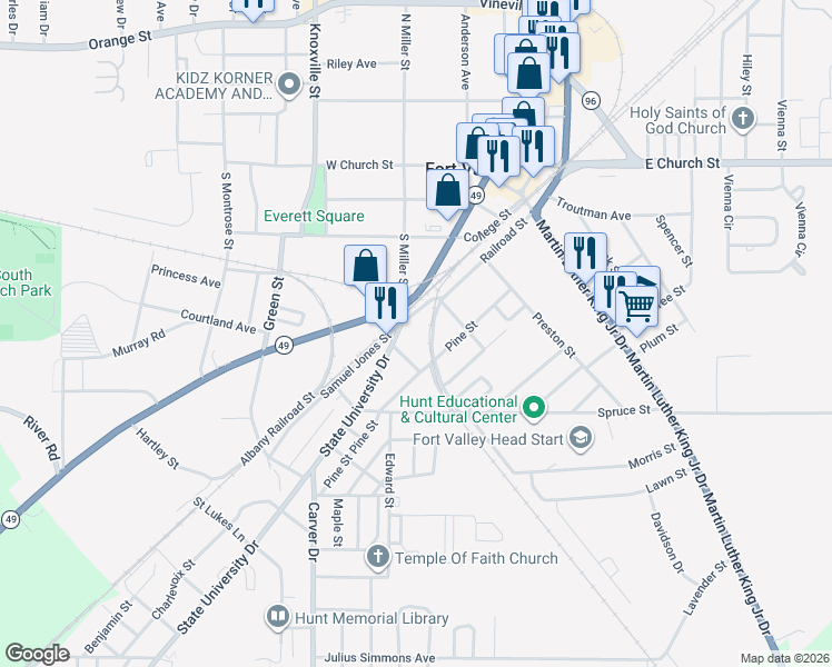map of restaurants, bars, coffee shops, grocery stores, and more near 529 Railroad Street in Fort Valley