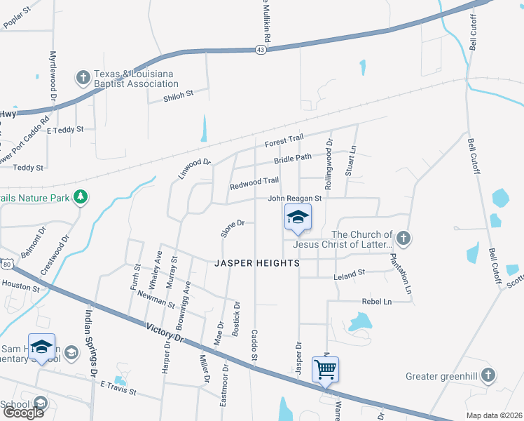 map of restaurants, bars, coffee shops, grocery stores, and more near 805 Caddo Street in Marshall