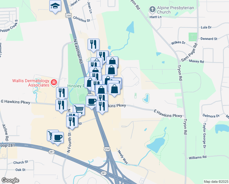 map of restaurants, bars, coffee shops, grocery stores, and more near 3092 North Eastman Road in Longview